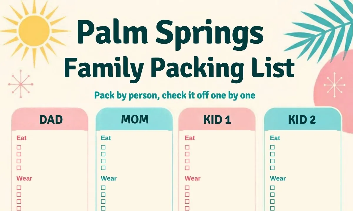 Printable family packing checklist with columns for Dad, Mom, Kid 1, and Kid 2